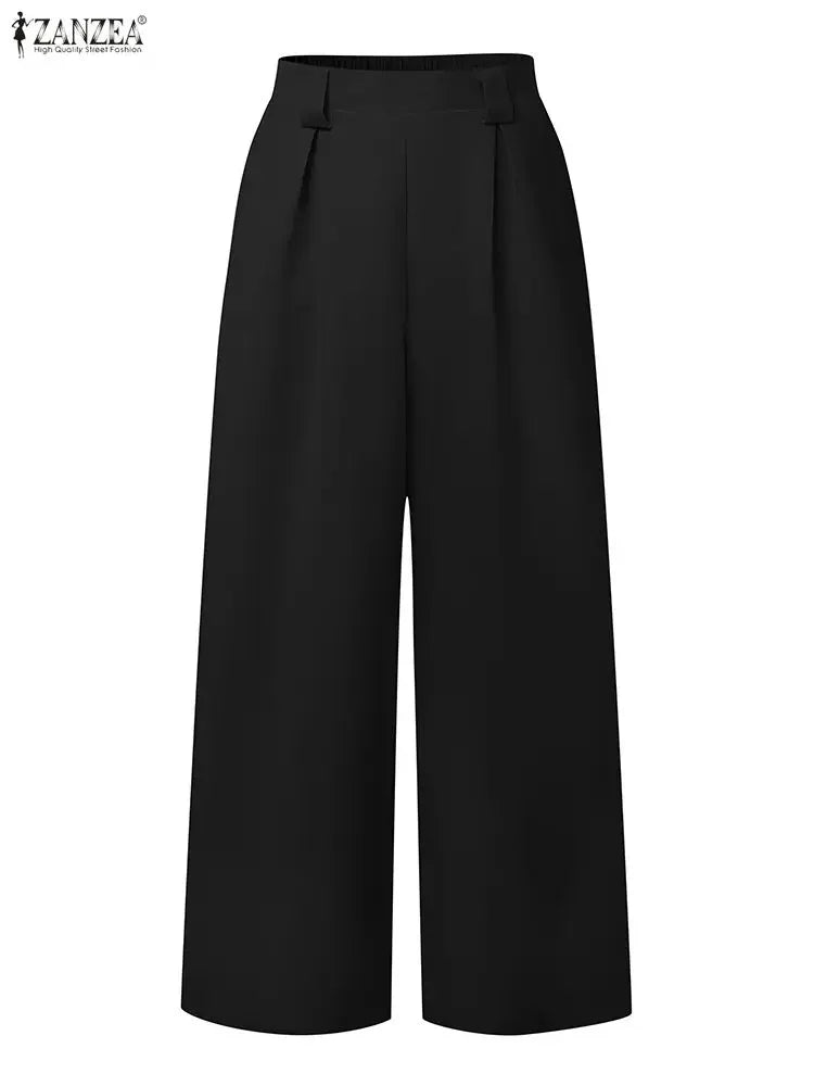 2025 ZANZEA Women's High-Waist Wide-Leg Trousers – Elegant Pleated Palazzo Pants for Office, Work, Autumn & Casual Streetwear