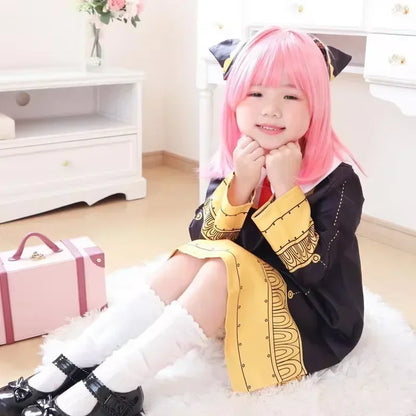 Spy × Family Anya Forger Cosplay Costume Set – Black Uniform Dress with Pink Wig & Stockings for Girls & Adults, Halloween Party & Roleplay Outfit