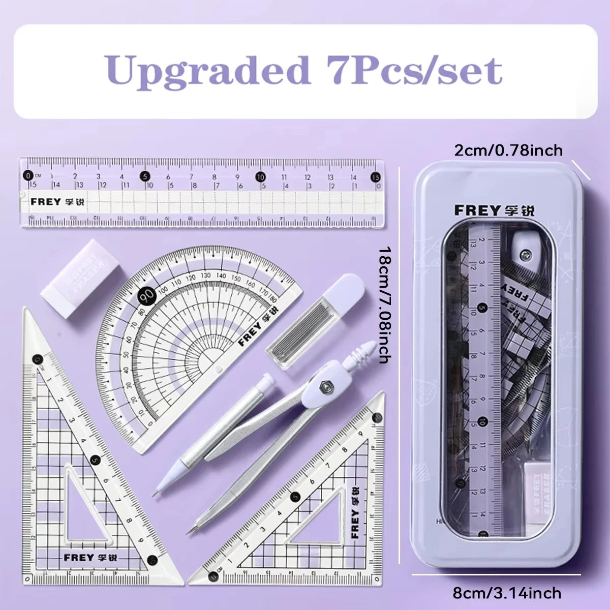 7PCS Geometry Ruler Set – Compass, Triangle Ruler & Protractor Student Math Kit in Storage Box