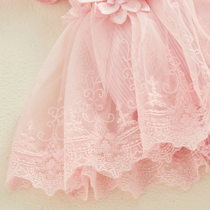 Vestido de mameluco 3D con flores para bebé – Body de malla de princesa de verano con volantes de encaje, conjunto de recién nacido con diadema a juego, ropa linda para niños para ocasiones especiales y uso diario