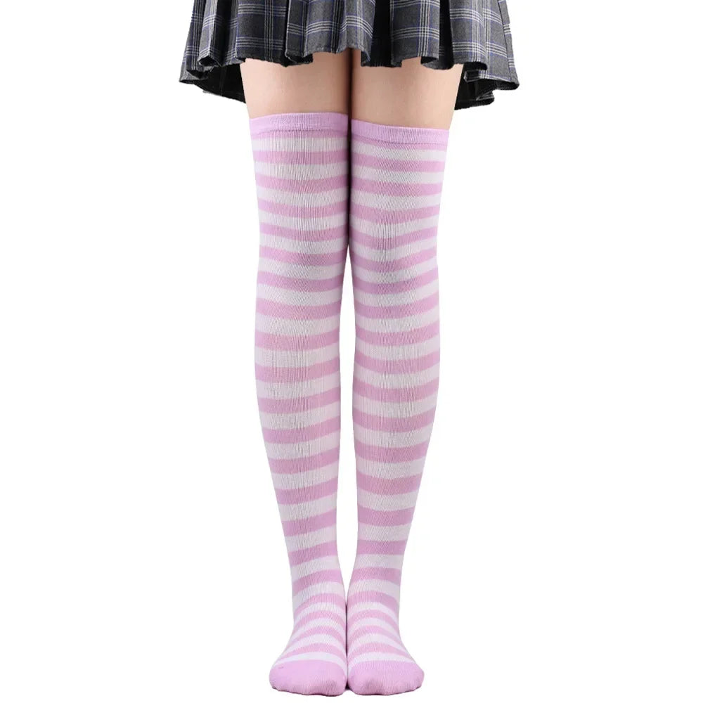 Thigh High Socks Women Over Knee Striped Polka Dot Stockings Black White Pink Lolita Cosplay Harajuku Y2K Kawaii