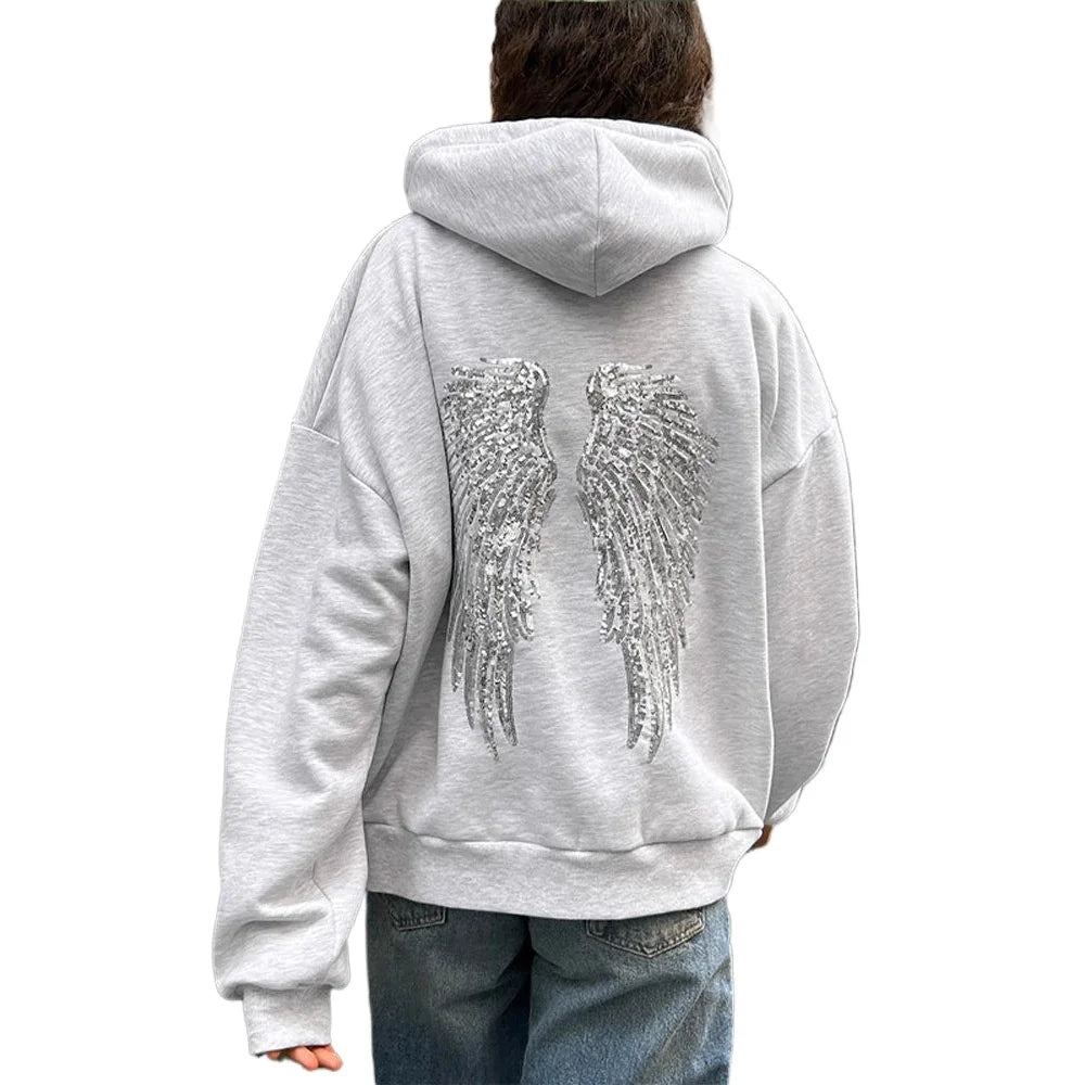 Women’s Y2K Wings Beaded Sequin Hoodie 2026 – Oversized Fleece-Lined Casual Pullover Sweatshirt, Fashion Streetwear Top