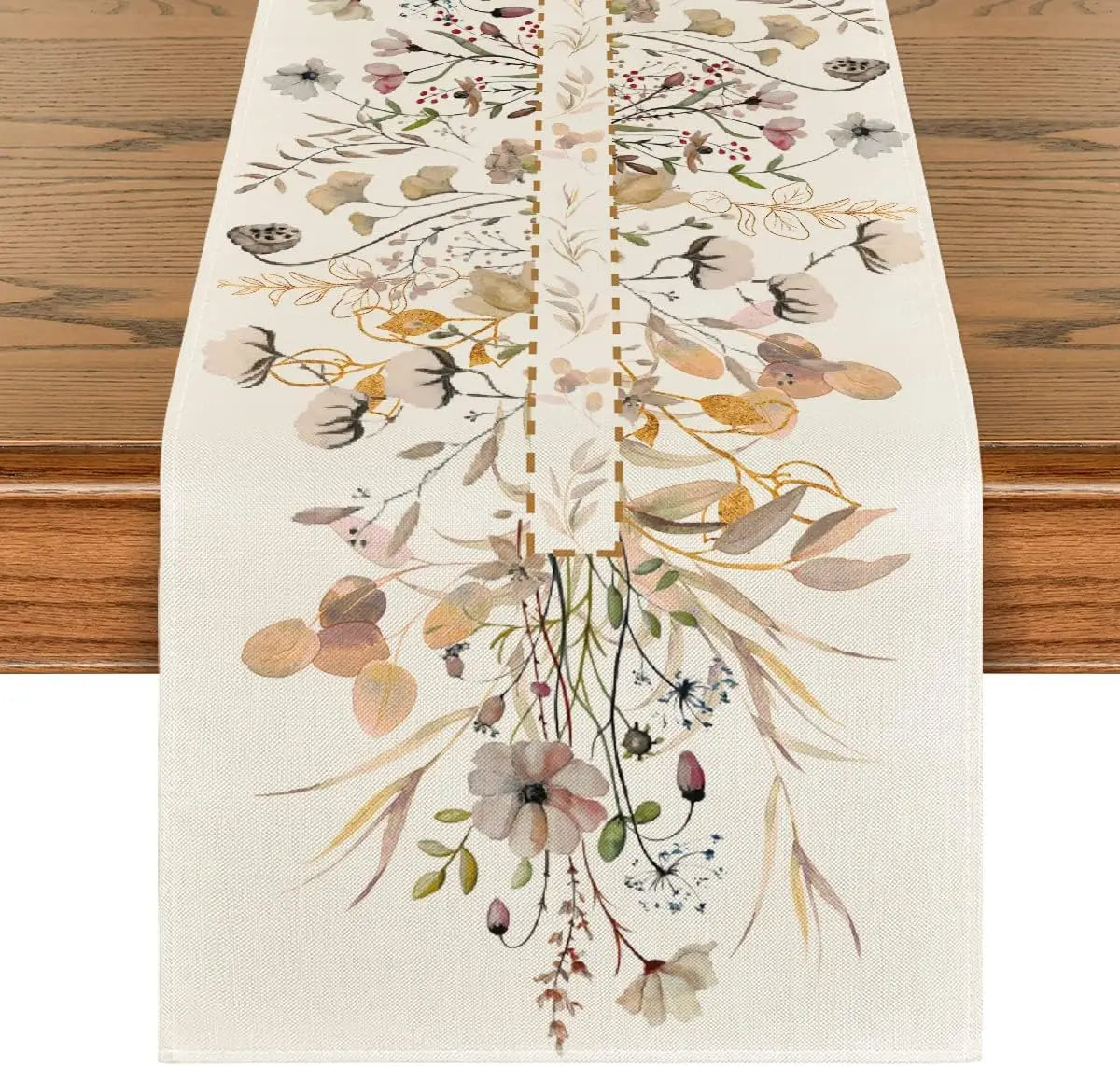 Spring Wildflower Floral Linen Table Runner – Reusable Leaves Flower Farmhouse Table Decor for Kitchen, Dining, Wedding & Party