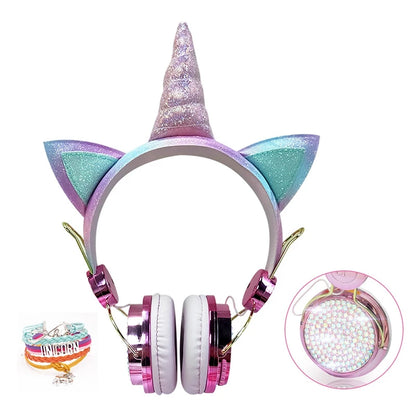 Pink Unicorn Kids Headphones – Cute Diamond Wired Headset with Microphone for Girls & Children, Music Headphones, Birthday & Gift for Kids