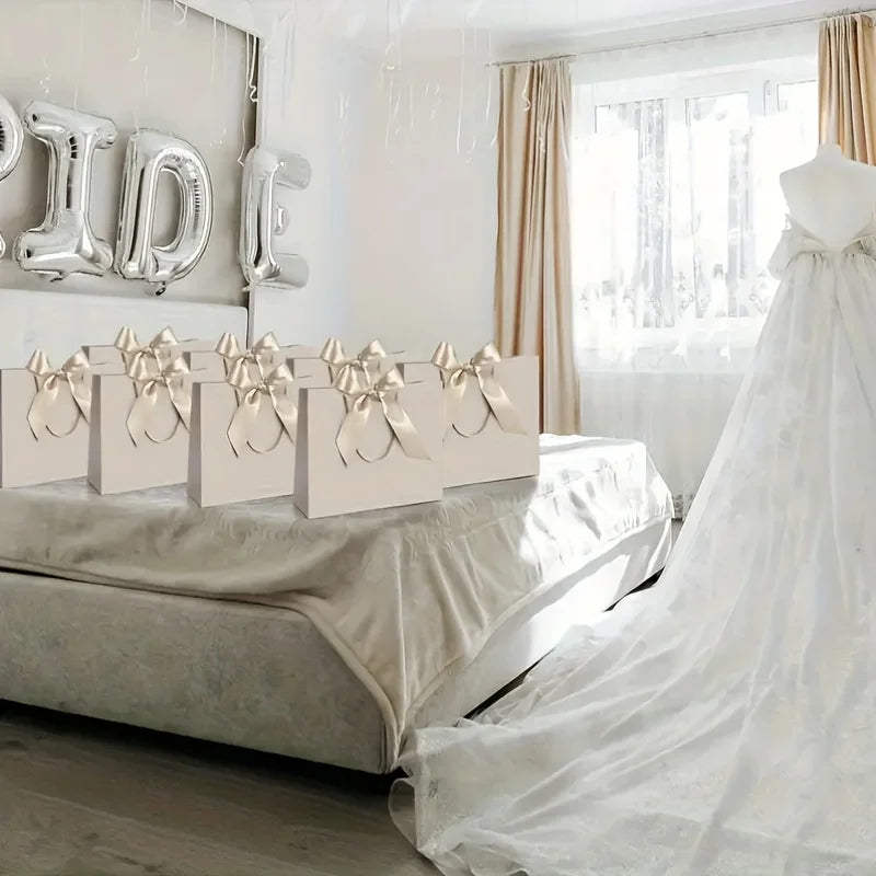 10 bolsas de regalo beige de "agradecimiento" con moños dorados – Elegantes bolsas de papel plegables para compras para recuerdos de bodas, regalos de fiestas y eventos