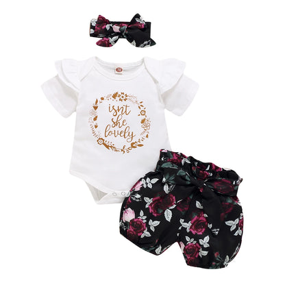 Baby Girl 3PCS Summer Outfit Set – Short Sleeve Bodysuit, Polka Dot Shorts & Headband for Infants
