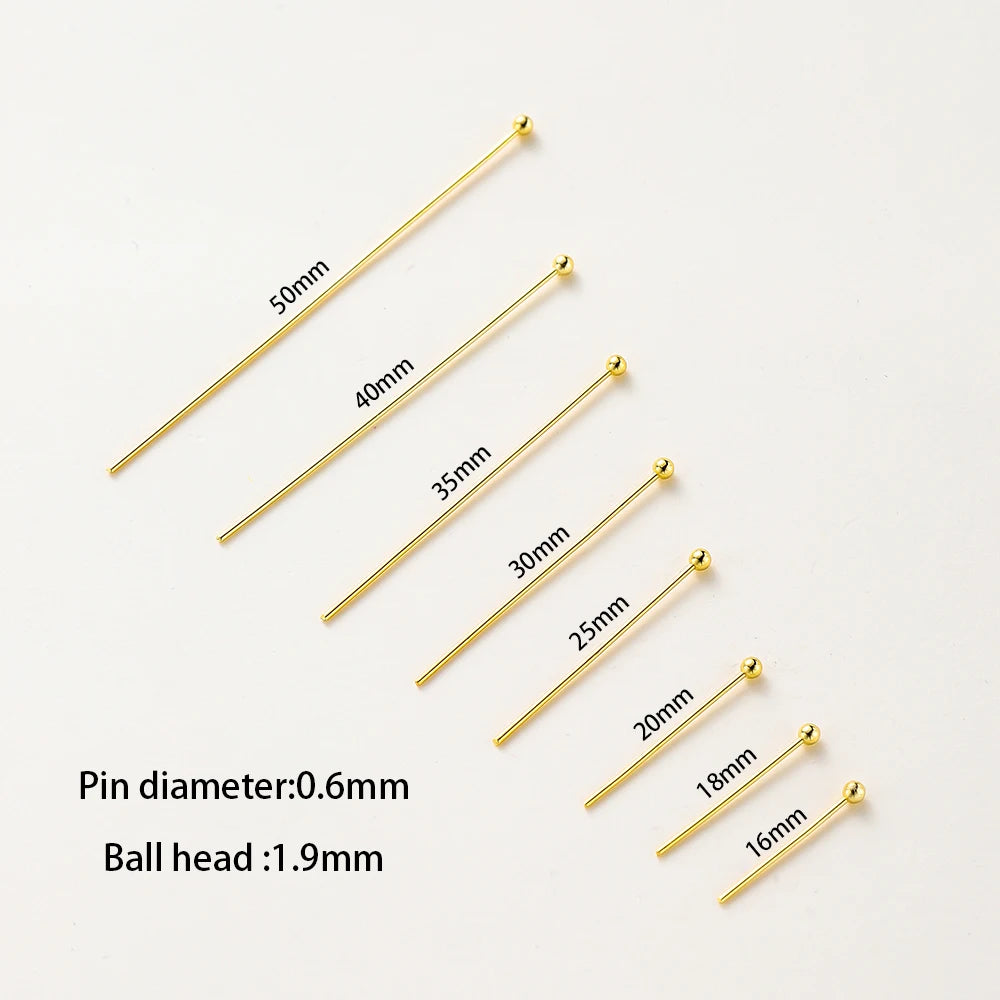100-Piece 14K & 18K Gold Plated Brass Head Pins Set (16–50mm) – Ball, Flat & Eye Pins for DIY Jewelry Making & Crafts