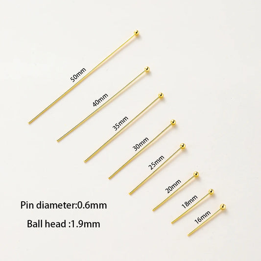 Set de 100 imperdibles chapados en oro de 14K y 18K (16–50mm) – Alfileres de cabeza redonda, plana y de ojal para manualidades y creación de joyas