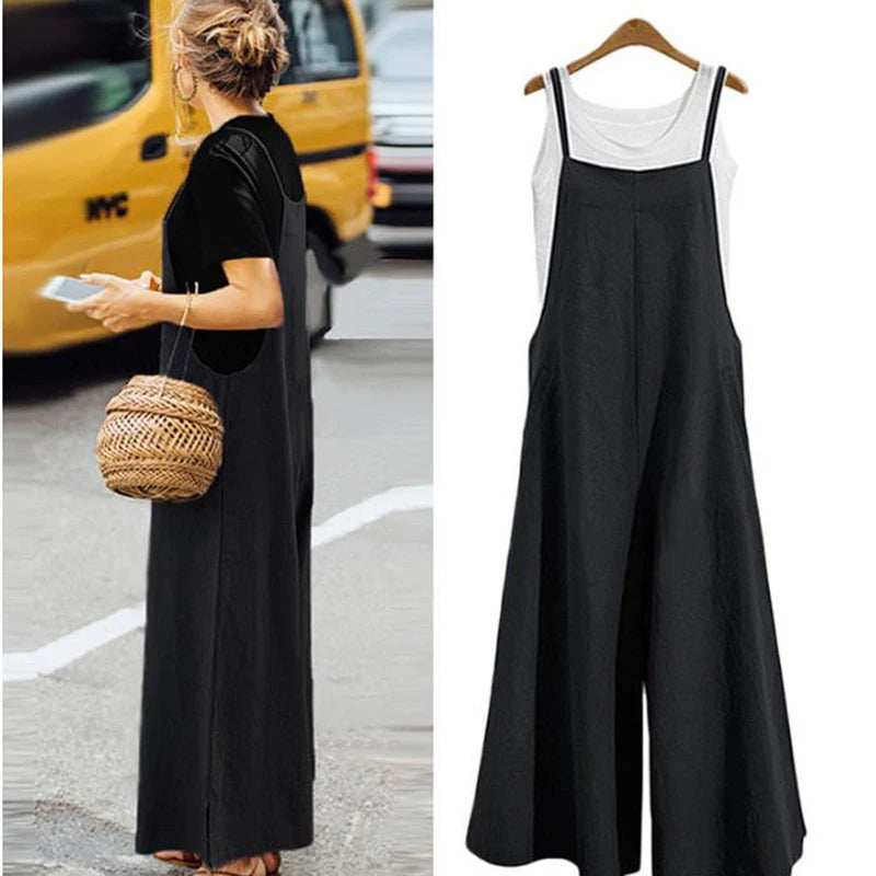 Women's Cotton Linen Wide Leg Jumpsuit Sleeveless Bib Overalls Casual Loose Summer Romper Plus Size 5XL