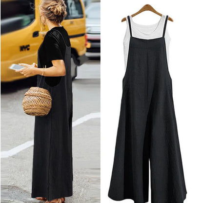Women's Cotton Linen Wide Leg Jumpsuit Sleeveless Bib Overalls Casual Loose Summer Romper Plus Size 5XL