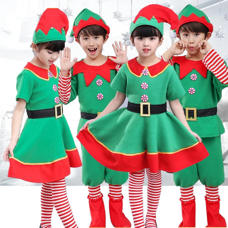 Christmas Santa Claus and Green Elf Costumes for Adults and Kids, Family Matching Cosplay Outfits for Xmas Parties, Carnival, New Year Performances and Holiday Gifts