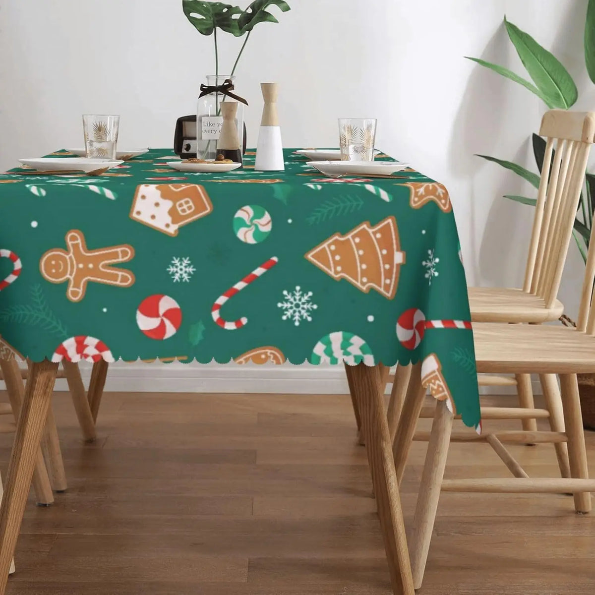 Christmas Candy Cane Gingerbread Waterproof Tablecloth – Winter Holiday Dining Table Cover for Kitchen, Home & Xmas Decor