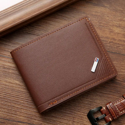 Men's Lychee Texture Leather Wallet Short Card Holder with Coin Pocket & Cash Compartment