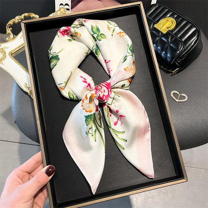 2024 Lujosa Bufanda Cuadrada de Seda de 70cm para Mujer con Estampado Floral, Pañuelo de Diseñador, Fular, Chal, Hiyab, Diadema, Lazos