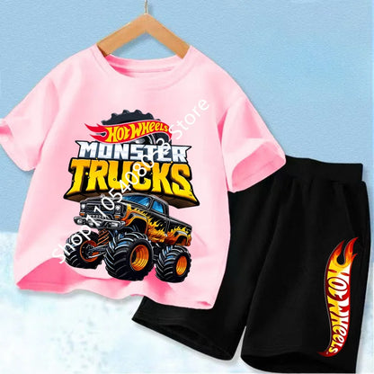 Conjunto de camiseta y pantalón corto de coche de carreras para niños, mezcla de algodón, atuendo de verano para niños y niñas