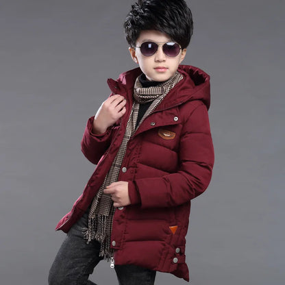 Boys Winter Hooded Jacket Ages 5-14, Warm Slim Fit Long Coat for Kids, Fashionable Windproof Outdoor Outerwear for Teen Boys