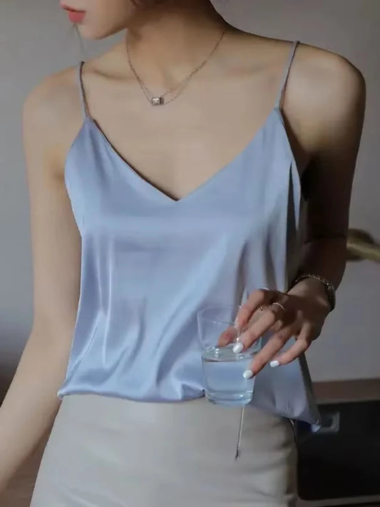Women's Satin Silk Halter Cami Top – V-Neck Sleeveless Spaghetti Strap Tank, Lightweight Summer Camisole