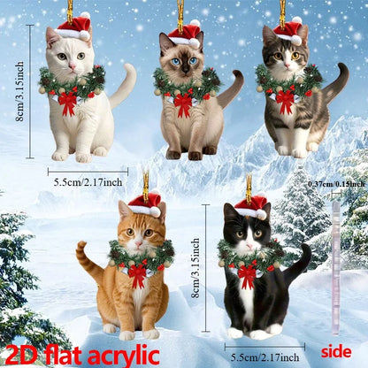 Cute Cat 2D Acrylic Christmas Pendant – Flat Hanging Ornament for Xmas Tree, Holiday Party & Festive Home Decor