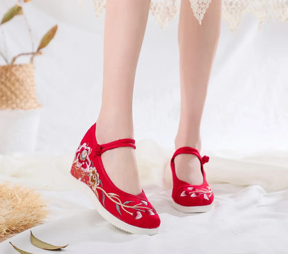 Zapatos de plataforma de lona bordados vintage para mujer – Zapatos casuales estilo étnico chino Hanfu, zapatillas sin cordones Harajuku de otoño
