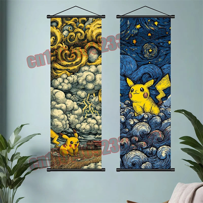 Pokémon Anime Wall Poster – Gengar Eevee Pikachu Scroll Painting Retro Canvas Artwork for Home Decor