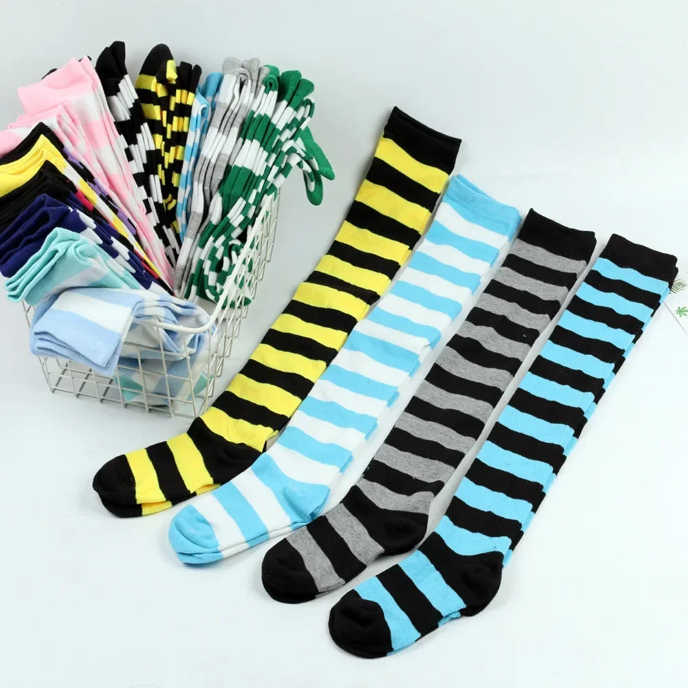 Thigh High Socks Women Over Knee Striped Polka Dot Stockings Black White Pink Lolita Cosplay Harajuku Y2K Kawaii