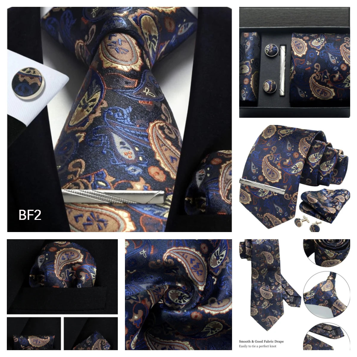 Corbata de seda 100% con diseño floral de Paisley para hombre con pañuelo de bolsillo, pasador de corbata y gemelos en caja de regalo