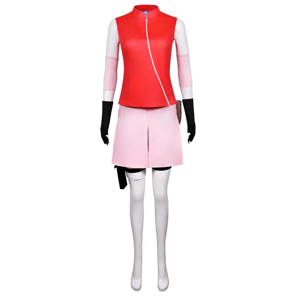 Anime Sakura Cosplay Costume – Ninja Battle Suit (Red Top, Pink Skirt, Bag Full Set for Halloween/Stage Party)