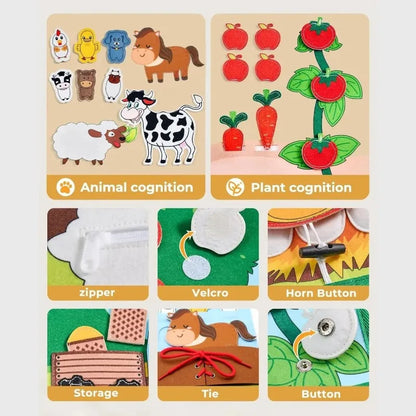Libro de actividades Montessori de animales de granja – Libro de actividades de fieltro para el desarrollo de la motricidad fina y el aprendizaje temprano en niños pequeños