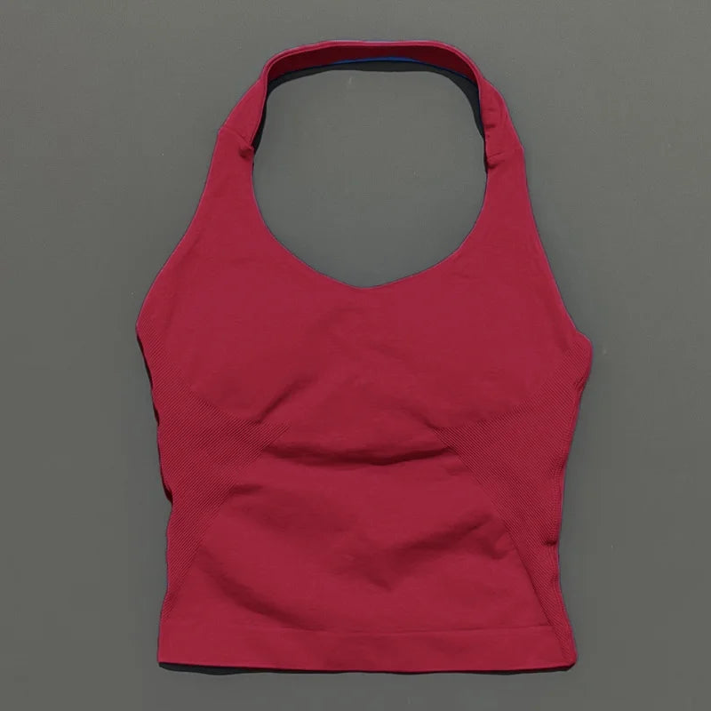 HISTELLO Women’s Seamless Longline Halter Sports Top – Built-in Bra with Removable Cups Yoga & Gym Tank Activewear