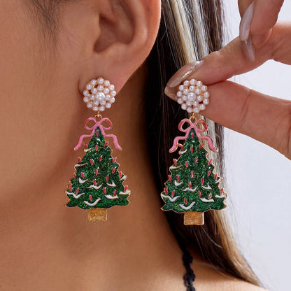 Christmas Bow Drop Earrings for Women – Glitter Red & Green Holiday Dangle Earrings, Festive Party Jewelry, Cute Gift Accessories