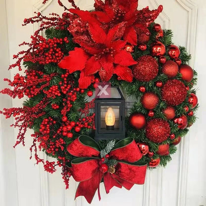 35CM Golden Christmas Wreath with Lights – Red Ball & Flower Garland Xmas Ornament for Front Door, Window & Wall Decor