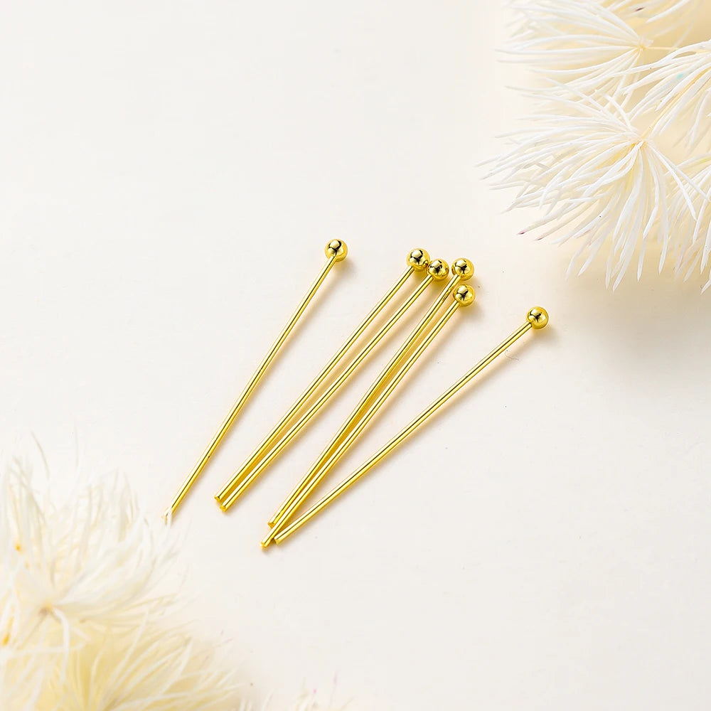 100-Piece 14K & 18K Gold Plated Brass Head Pins Set (16–50mm) – Ball, Flat & Eye Pins for DIY Jewelry Making & Crafts