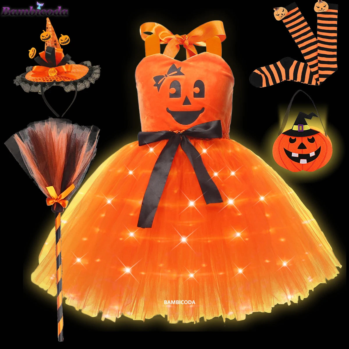 Girls LED Light-Up Witch Costume Dress – Halloween Vampire Cosplay Outfit for Carnival, Masquerade, Performance & Pumpkin Parties