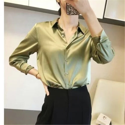 Chemisier en Soie Satinée à Manches Longues pour Femme – Chemise de Bureau Élégante Ample Boutonnée, Haut de Travail Professionnel d'Automne