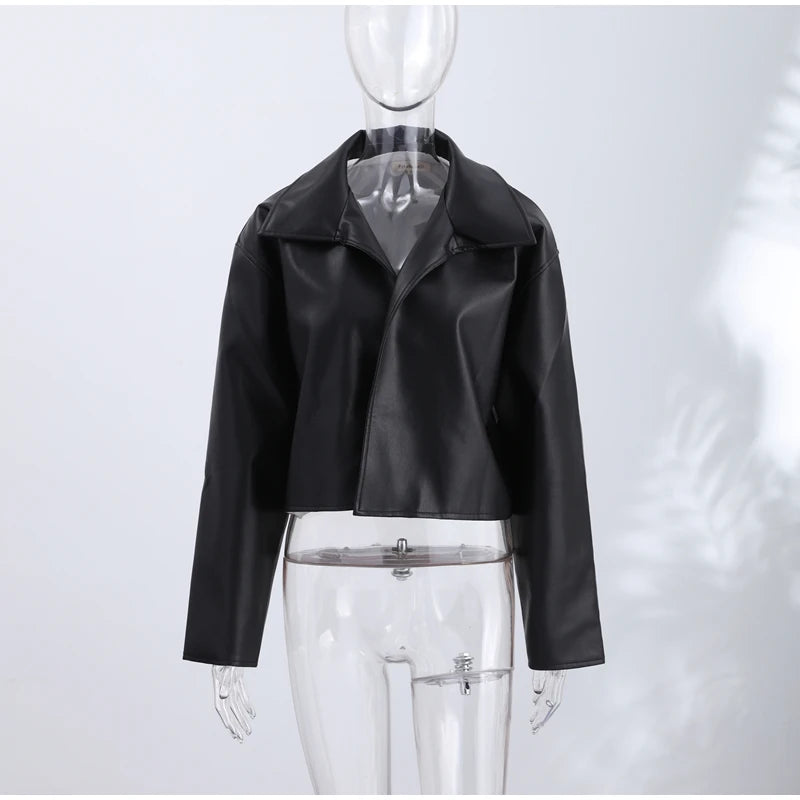 Women’s PU Leather Jacket – Long-Sleeve Stand Collar Zip-Up Coat, Casual Streetwear Outerwear for Autumn & Winter