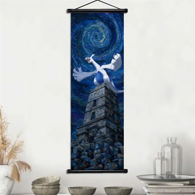 Pokémon Gengar, Squirtle y Mimikyu Noche Estrellada – Lienzo Decorativo Enrollable para Pared – Regalo para Decoración del Hogar