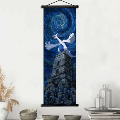 Pokémon Gengar, Squirtle y Mimikyu Noche Estrellada – Lienzo Decorativo Enrollable para Pared – Regalo para Decoración del Hogar