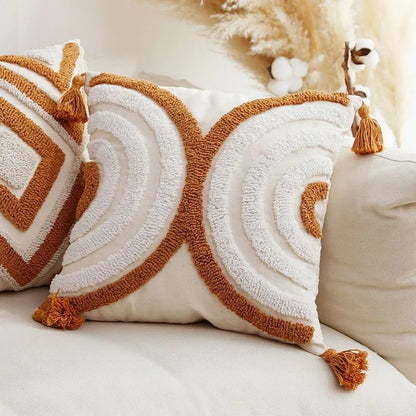 Boho Embroidered Throw Pillow Cover - Geometric Tassel Cushion Cover for Sofa, Living Room & Home Decor