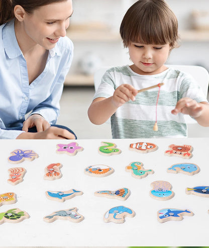 Jouet de Pêche Magnétique en Bois – Jeu d'Apprentissage Montessori sur la Vie Marine, Activité de Pêche Éducative Précoce pour Bébé, Jouet de Développement Cognitif Interactif Parent-Enfant pour Enfants