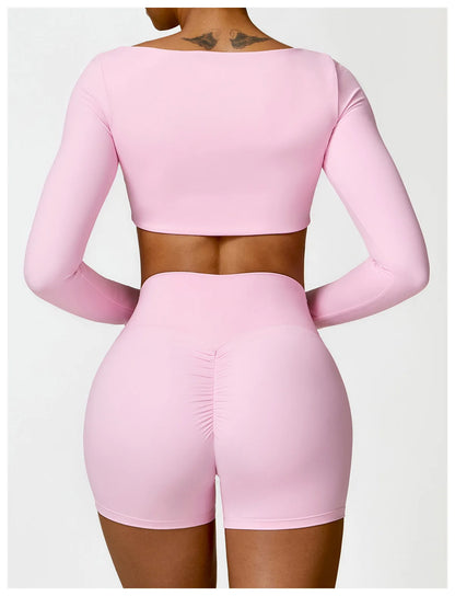 Women’s Square Neck Sports Crop Top – Long Sleeve Quick-Dry Gym Yoga Fitness Activewear