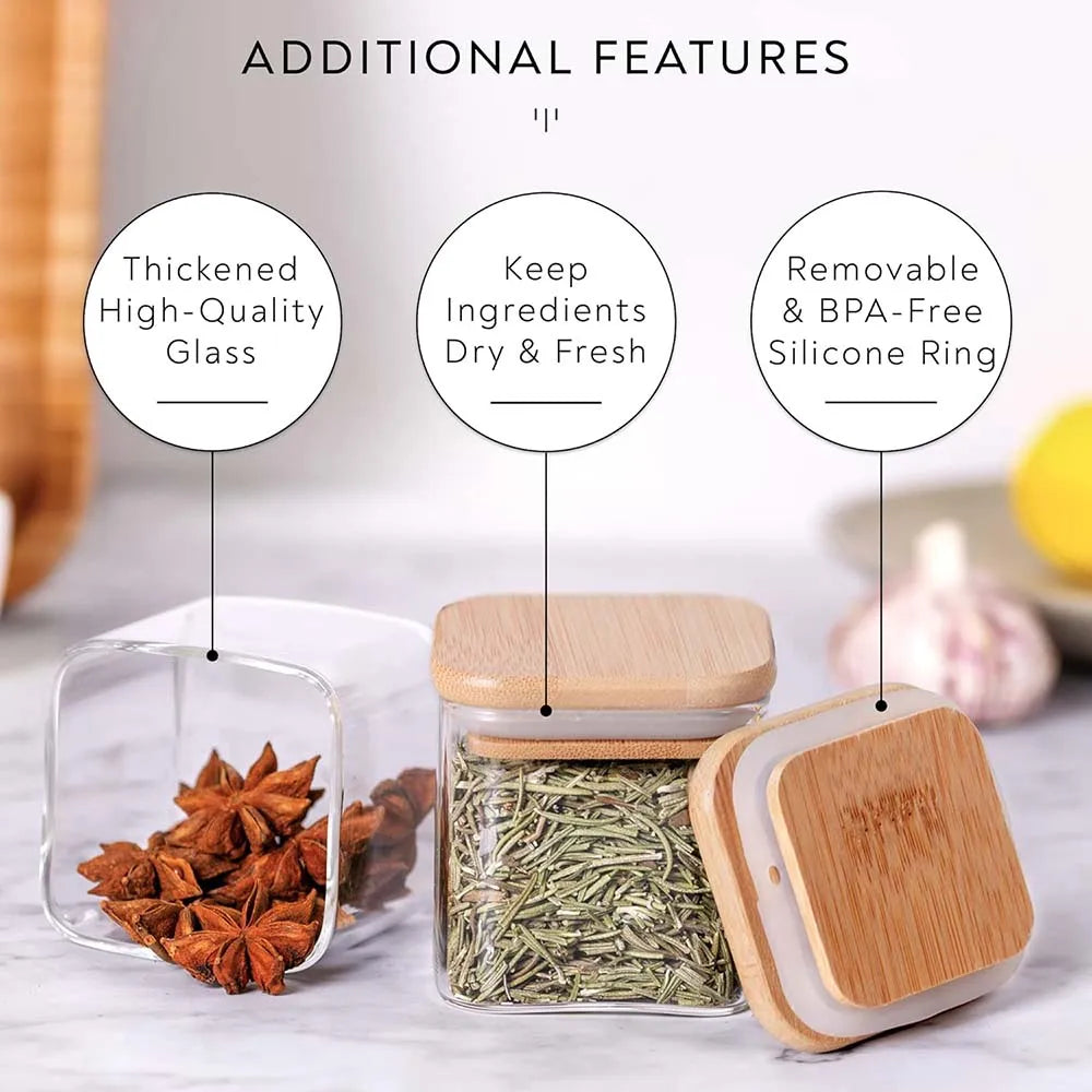 Lot de 14 bocaux à épices en verre de 150 ml avec étiquettes – Récipients de rangement carrés en verre avec couvercles en bambou, étiquettes autocollantes, bocaux de conservation pour épices, herbes, assaisonnements et organisation de la cuisine