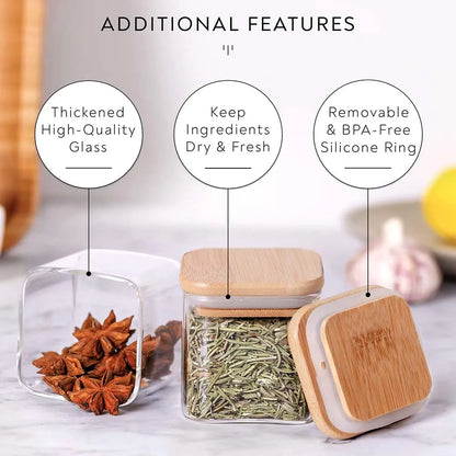 Lot de 14 bocaux à épices en verre de 150 ml avec étiquettes – Récipients de rangement carrés en verre avec couvercles en bambou, étiquettes autocollantes, bocaux de conservation pour épices, herbes, assaisonnements et organisation de la cuisine