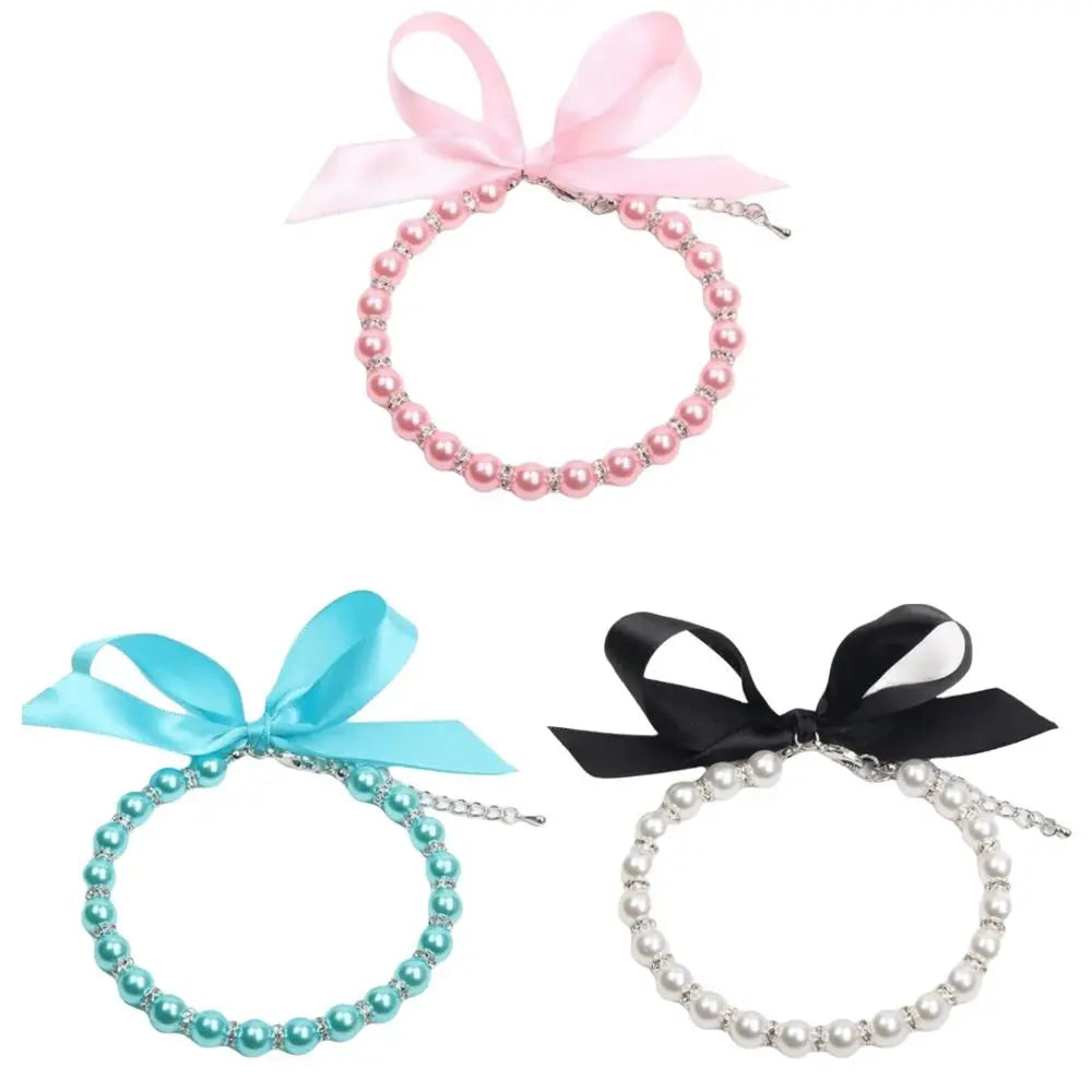 Adjustable Pearl Pet Collar – Bling Simulated Pearl Beaded Necklace with Elegant Bow Knot Ribbon for Cats & Small Dogs