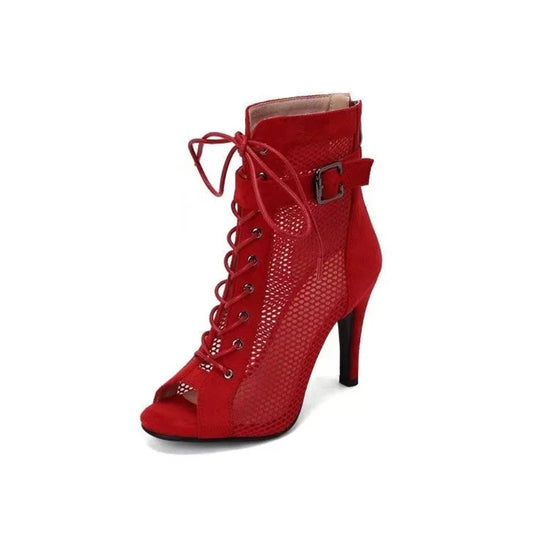 Sandalias Gladiador de Malla con Punta Abierta para Mujer – Tacones Altos de Aguja con Cordones, Zapatos de Fiesta Calados para Verano