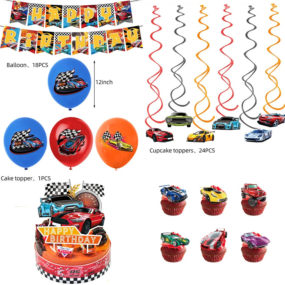 Happy Wheels Racing Party Tableware Set – Racing-Themed Paper Cups, Plates & Banner Decorations with Party Favors for Boys' Birthdays
