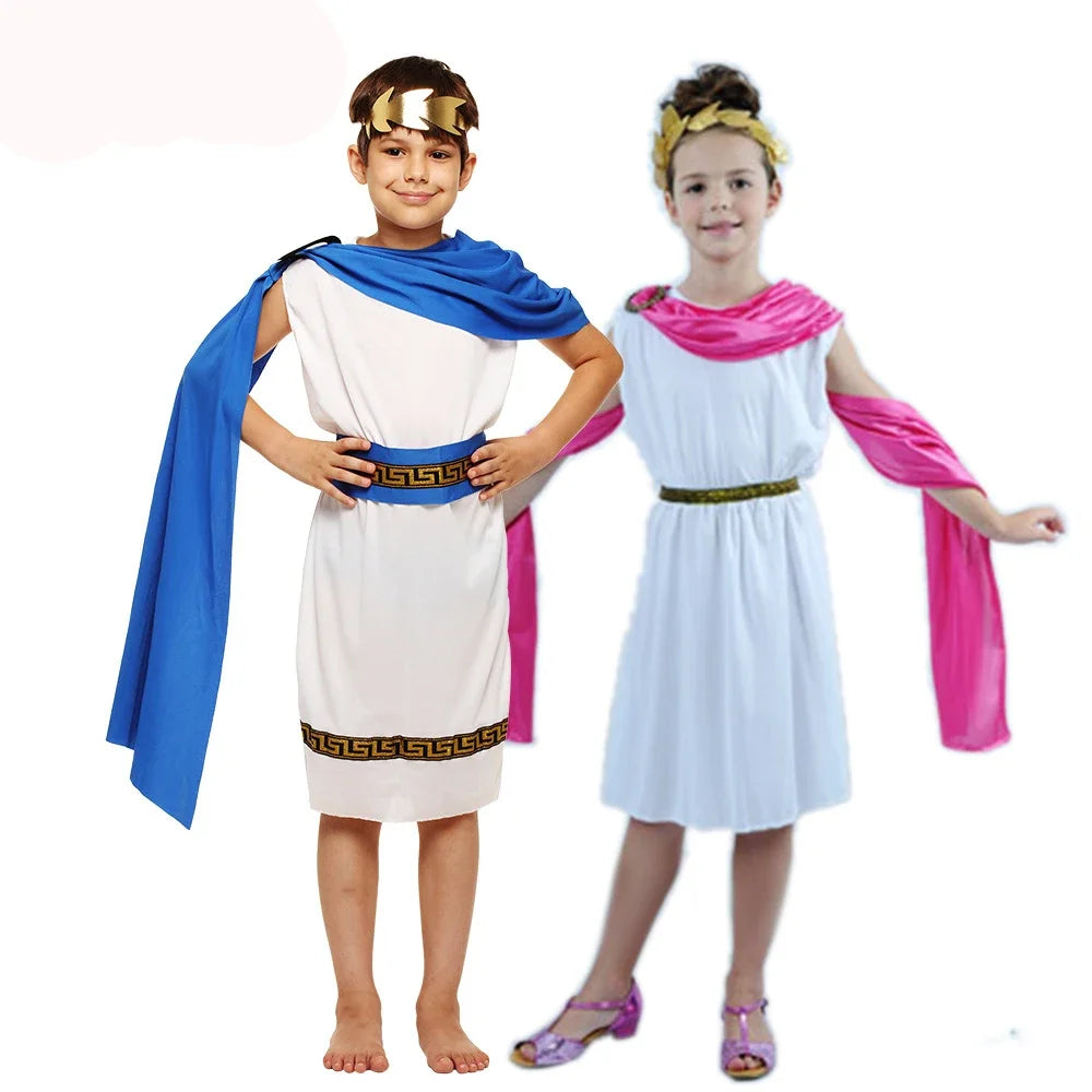 Kids Grecian Toga Cosplay Costume Set – Roman Greek Goddess Outfit for Boys & Girls, Halloween, Purim, Mardi Gras & Party Fancy Dress