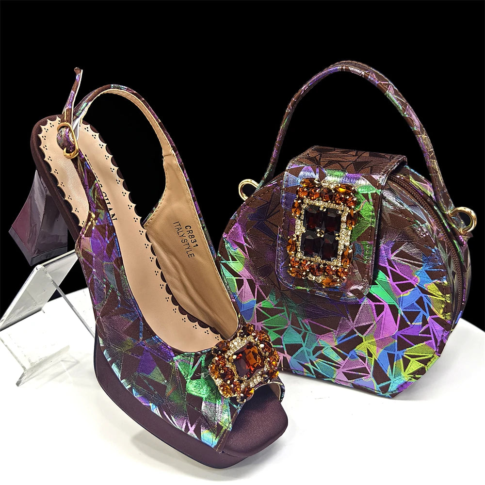 Elegant Women’s Fuchsia Peep Toe Heels & Matching Bag Set – Rhinestone Italian-Style Sandals for Parties, Weddings & Special Occasions