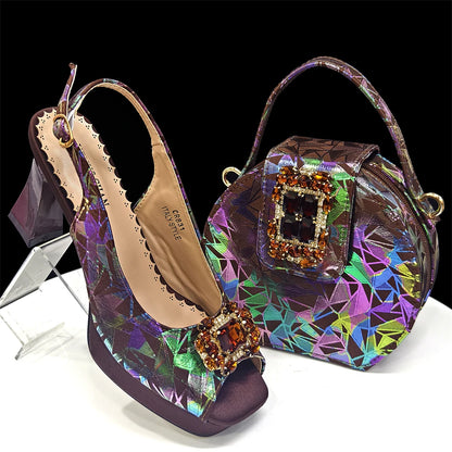 Elegant Women’s Fuchsia Peep Toe Heels & Matching Bag Set – Rhinestone Italian-Style Sandals for Parties, Weddings & Special Occasions