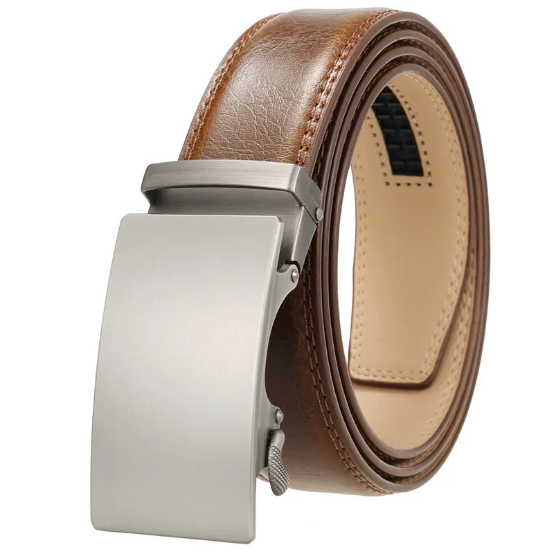 Plyesxale Men's Brown Leather Belt 2026 – Automatic Buckle Vintage Belt for Jeans, Luxury-Style Casual Waist Strap, Ceinture Homme B9