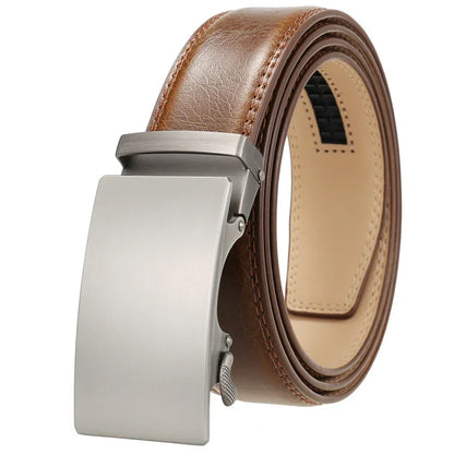 Plyesxale Men's Brown Leather Belt 2026 – Automatic Buckle Vintage Belt for Jeans, Luxury-Style Casual Waist Strap, Ceinture Homme B9